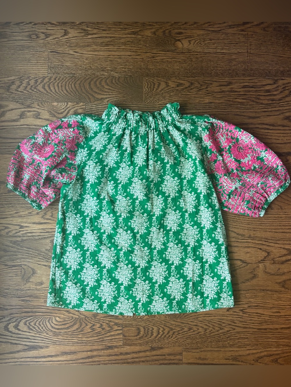 THML Women’s L Green Floral Blouse Pink Embroidered Puff Sleeve Boho Top